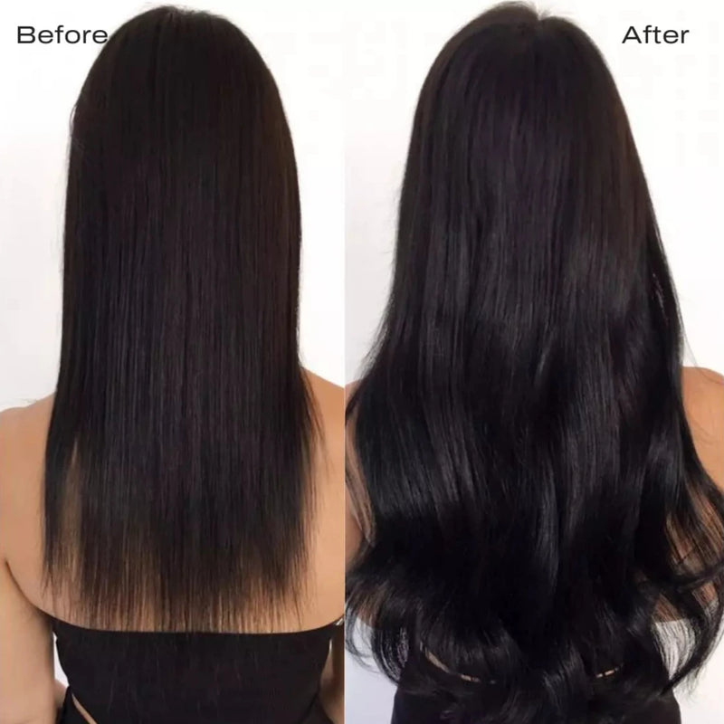 Load image into Gallery viewer, Before and after application of Moresoo Virgin Tape-In Hair in Off Black (#1B), demonstrating instant length and volume with natural blend.