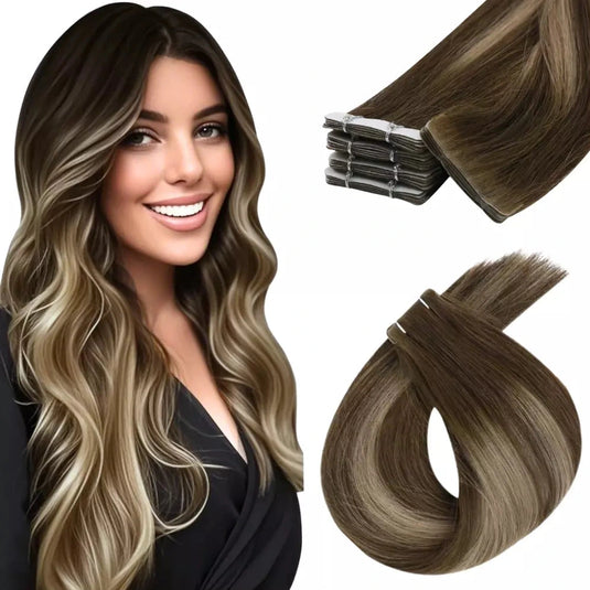 Moresoo medium brown balayage tape in extensions, natural balayage hair, invisible brown balayage extensions, seamless medium brown balayage, salon-quality balayage tape ins, high-quality balayage extensions, balayage tape in for brown hair, medium brown hair extensions, balayage hair with brown highlights, invisible tape ins for balayage hair, premium balayage extensions, 14-inch medium brown balayage tape in