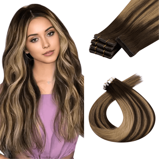 Moresoo medium brown balayage tape in extensions, natural balayage hair, invisible brown balayage extensions, seamless medium brown balayage, salon-quality balayage tape ins, high-quality balayage extensions, balayage tape in for brown hair, medium brown hair extensions, balayage hair with brown highlights, invisible tape ins for balayage hair, premium balayage extensions, 14-inch medium brown balayage tape in