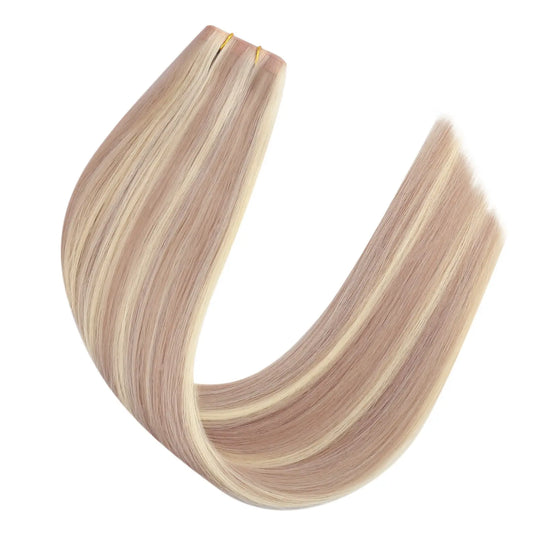 highlight color virgin hole pu weft invisible hair extensions,real human hair extensions, pu skin with holes, blonde highlighted hair, sew in weft, double side invisible tape