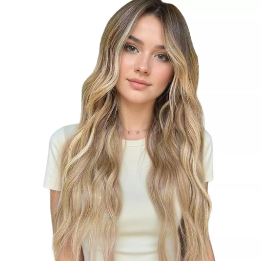 Model wearing long wavy balayage human hair butterfly weft extensions
