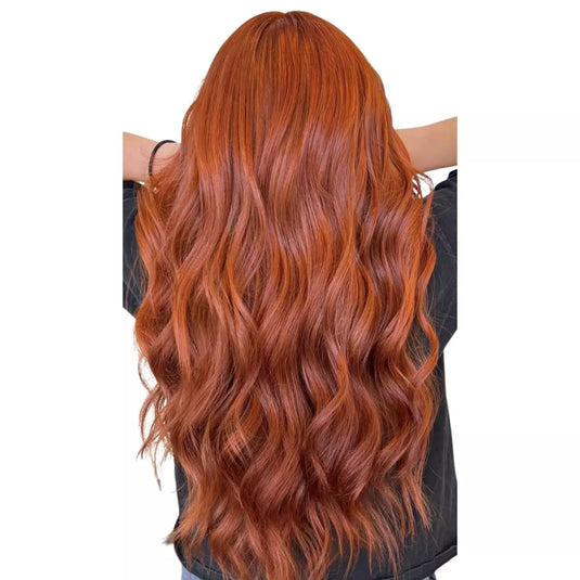 Long wavy copper red butterfly weft human hair extensions on model