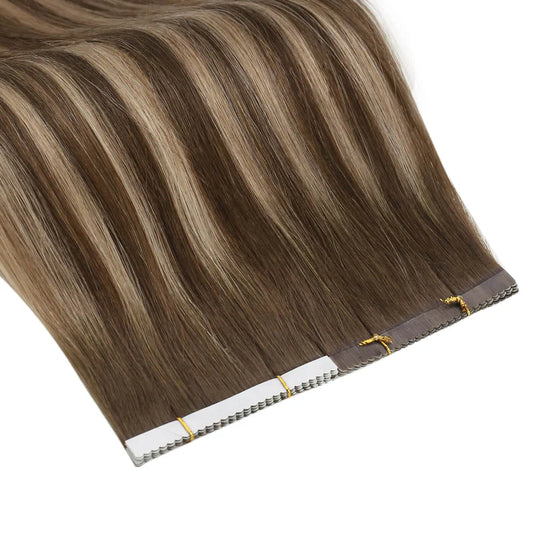high-quality brown tape in extensions, invisible platinum blonde hair extensions, salon-grade platinum blonde tape in, 16-inch brown tape in hair, brown blonde hair tape in, 18-inch platinum blonde extensions, durable platinum blonde tape in, platinum blonde tape in for salon professionals