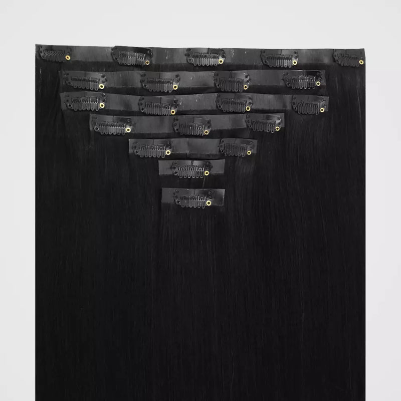 Load image into Gallery viewer, Black invisible clip hair extensions with black clips on a white background
