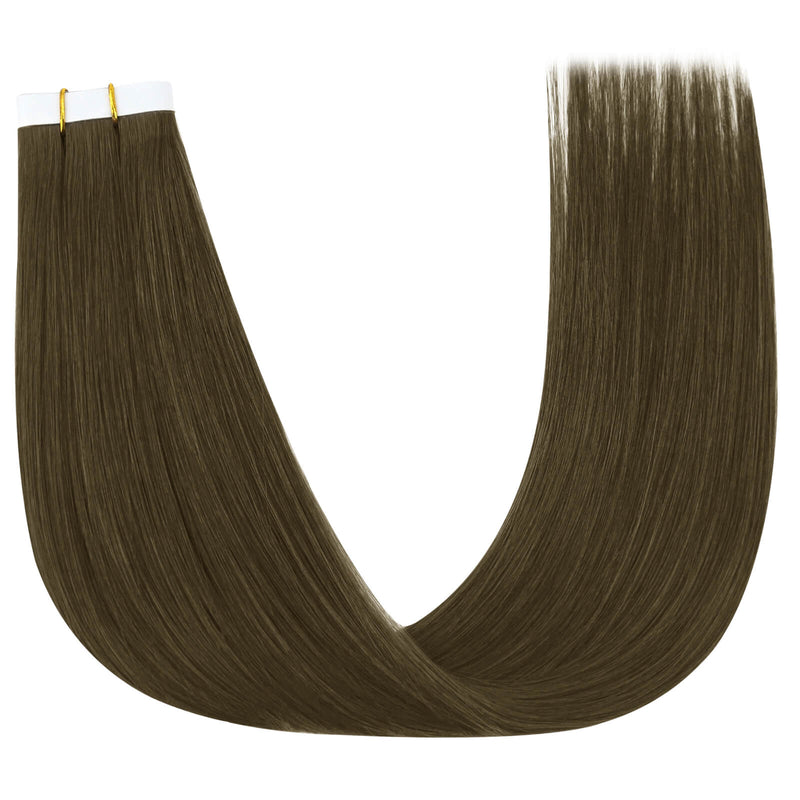 Load image into Gallery viewer, Dark brown invisible tape in weft hair extensions on a white background