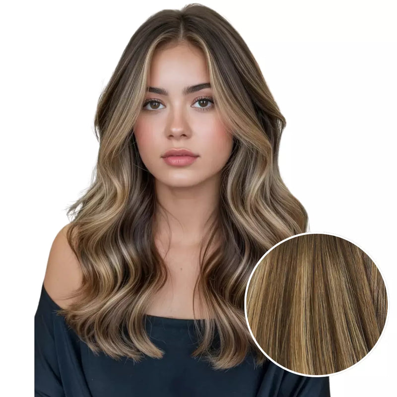 Load image into Gallery viewer, Woman with wavy hair featuring brown and blonde tones, with a close-up inset of the hair color.