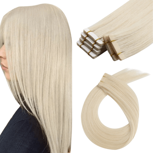 high-quality platinum blonde tape in extensions, invisible platinum blonde hair extensions, salon-grade platinum blonde tape in, 16-inch platinum blonde tape in hair, premium platinum blonde hair tape in, 18-inch platinum blonde extensions, durable platinum blonde tape in, platinum blonde tape in for salon professionals