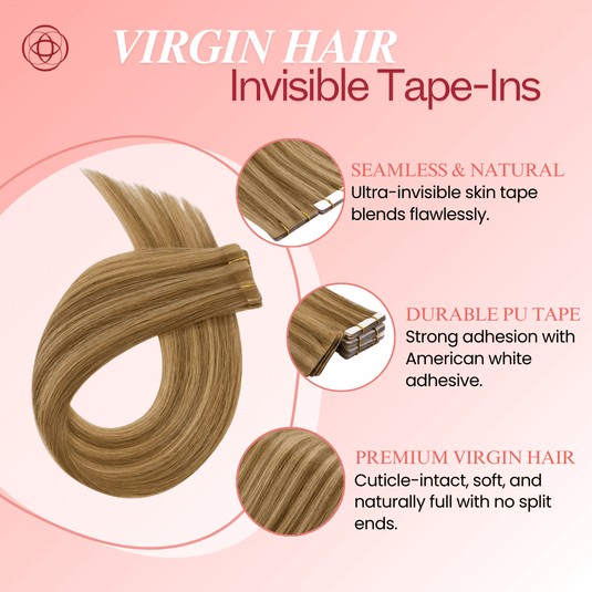 Moresoo honey blonde to brown ombre tape-ins, 14-inch seamless extensions, high-quality balayage mix, invisible tape-in extensions, smooth brown to honey blonde blend, salon-quality hair, luxurious honey blonde highlights, long-lasting adhesive, natural transitions