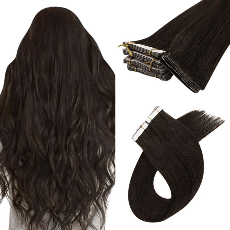 Load image into Gallery viewer, natural brown tape in hair extensions, high-quality deep brown virgin hair, seamless tape in extensions for brown, invisible tape in hair for deep brown hair, tape in extensions for dark brown virgin hair, smooth brown tape in extensions, natural deep brown virgin tape in, brown hair extensions tape in