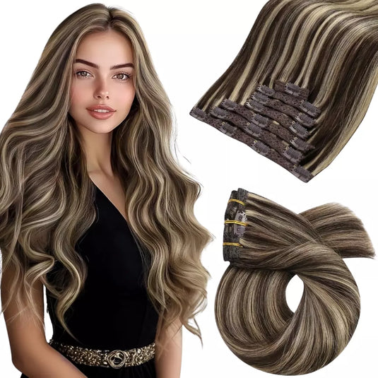 100% Remy human hair Brown hair clip in human hair extensions Double weft human hair extensions