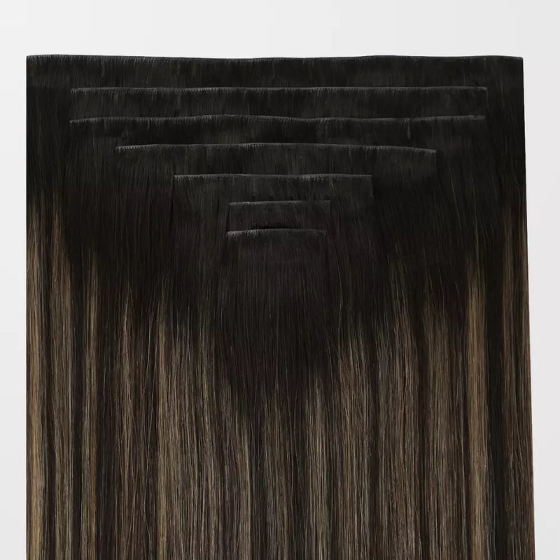 Load image into Gallery viewer, Set of balayage brown clip in hair extensions on a white background