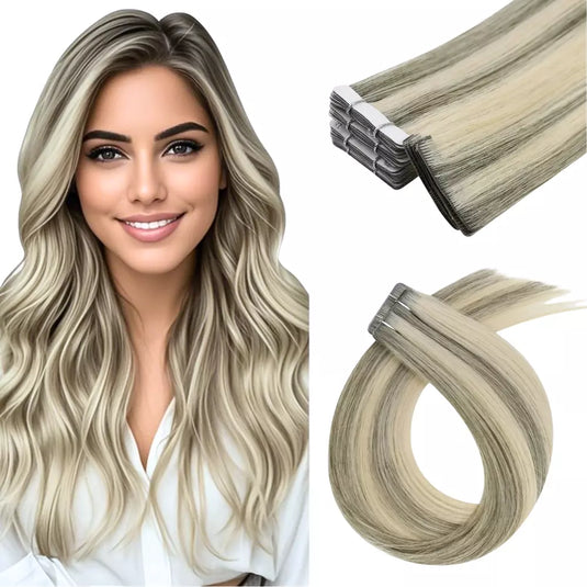 Moresoo gray blonde highlights hair extensions, 16-inch tape-ins, seamless gray and gold balayage, premium silver blonde mix, high-quality balayage extensions, luxurious gray blonde hair, smooth ombre highlights, invisible tape-in extensions, salon-quality gray gold mix, long-lasting adhesive hair