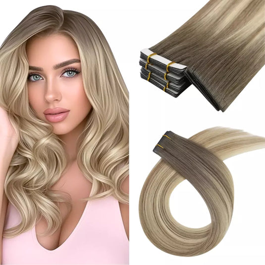 Moresoo medium brown to golden blonde balayage hair, 16-inch extensions, seamless tape-ins, luxurious golden blonde highlights, natural brown to blonde transitions, high-quality ombre hair, invisible extensions, salon-quality brown blonde balayage, smooth and secure adhesive, long-lasting hair extensions