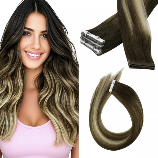 Moresoo ash brown balayage tape ins, high-quality ash brown hair extensions, luxurious ash brown balayage highlights, 16-inch ash brown balayage extensions, seamless ash brown highlights, natural balayage hair, invisible ash brown tape ins, premium ash brown balayage hair, salon-quality ash brown highlights, smooth balayage extensions