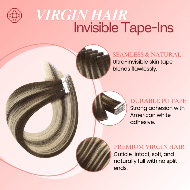 Load image into Gallery viewer, blonde highlights hair extensions, 20-inch blonde highlights tape in, high-quality pink tone blonde highlights, seamless blonde highlights tape in extensions, 22-inch blonde highlights hair, smooth blonde highlights tape in, invisible tape in extensions for blonde highlights, natural blonde highlights extensions