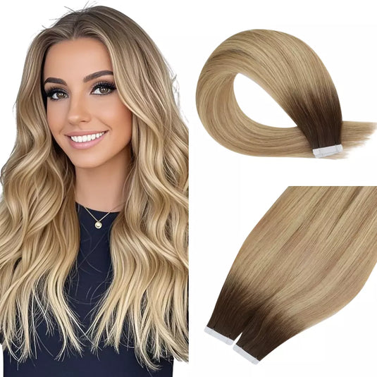 Real Human Hair Tape in Hair Extension-tape in human hair extensions-tape in extensions-how long do tape in extensions last-invisible tape in extensions
