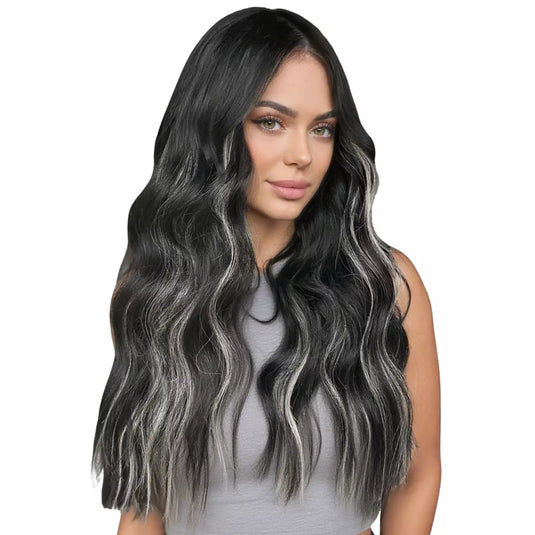 Model wearing long wavy ombre brown human hair butterfly weft extensions