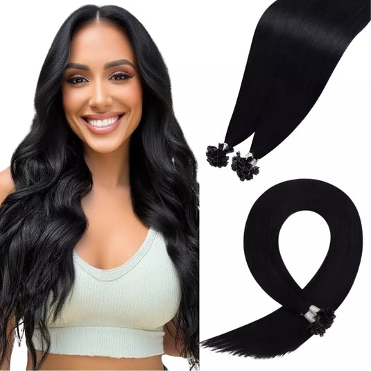 Moresoo Hair K Tip Hair Extensions Black Ktip Hair Extensions Jet Black K Tip Human Hair Extensions Fusion Hair Extensions for Women 18inch 25g