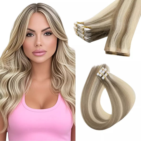 Moresoo light brown with golden highlights extensions, premium blonde balayage, seamless tape-in hair extensions, natural golden brown mix, high-quality brown blonde highlights, luxurious light brown blonde, smooth balayage tape ins, salon-quality light brown blonde hair, invisible tape-in extensions, natural golden brown ombre