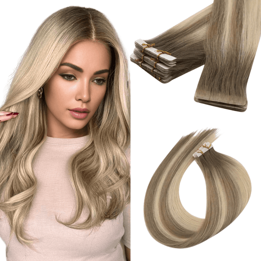 Moresoo light brown and blonde balayage tape ins, luxurious balayage highlights, seamless light brown blonde balayage, premium balayage extensions, 16-inch balayage hair, invisible light brown blonde balayage, natural balayage hair extensions, salon-quality balayage, high-quality balayage highlights, smooth brown blonde balayage