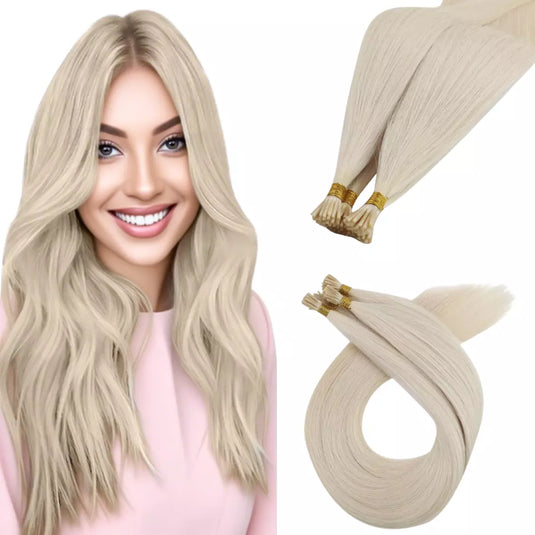 Keratin i tip human hair extensions for women pre bonded hair extensions platinum blonde hair extensions