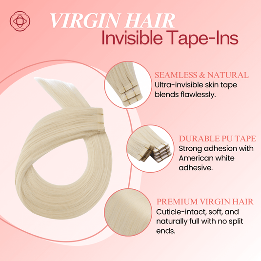 platinum blonde virgin hair tape in extensions, invisible platinum blonde tape in hair, high-quality platinum blonde tape in extensions, salon quality platinum blonde hair extensions, 14-inch platinum blonde tape in, smooth platinum blonde hair extensions, long-lasting platinum blonde tape in hair