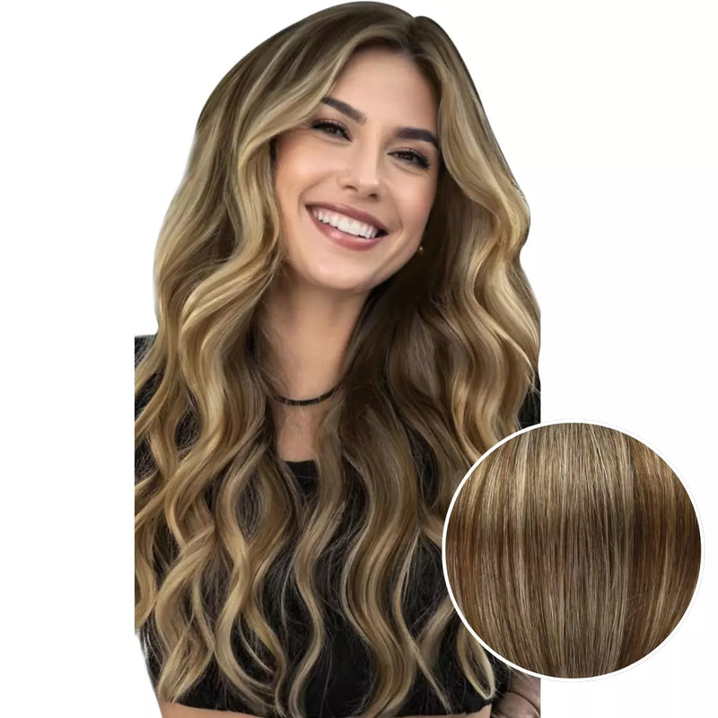 Load image into Gallery viewer, Model with long, brown highlights keratin hair extensions on a white background