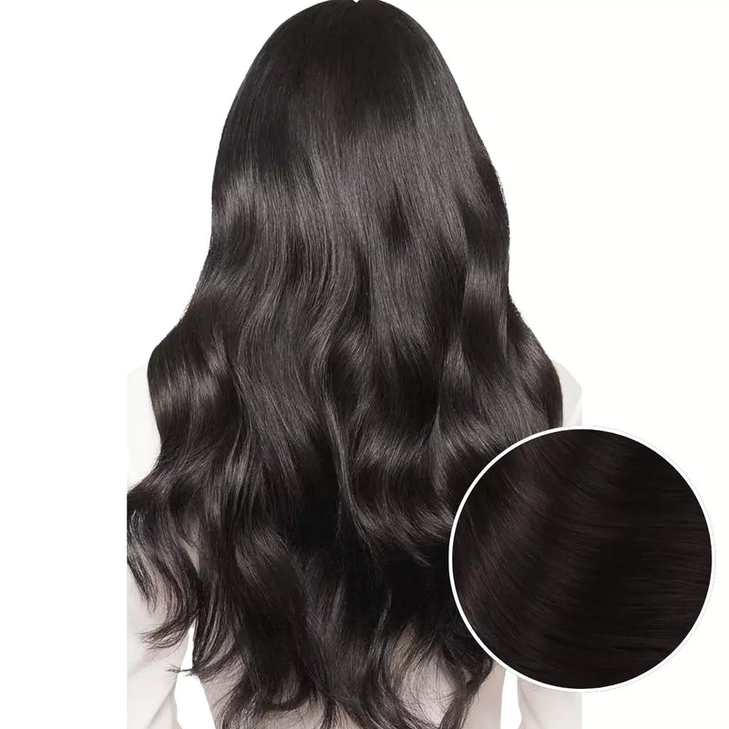 Load image into Gallery viewer, Model with long, dark brown keratin hair extensions on a white background