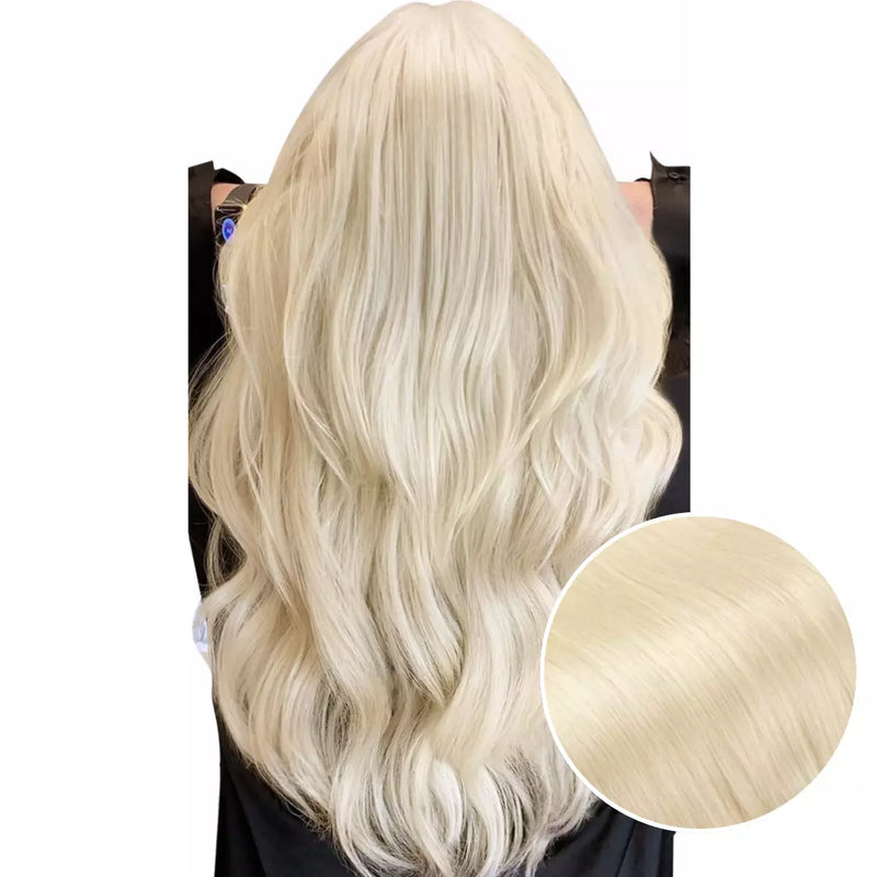 Load image into Gallery viewer, Model with long, light blonde keratin hair extensions on a white background