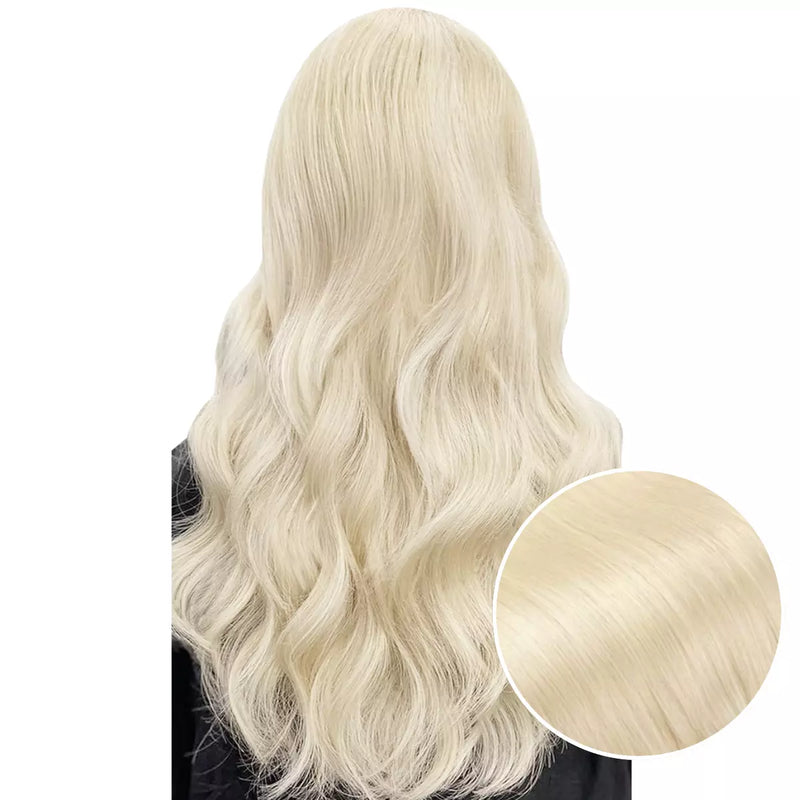 Load image into Gallery viewer, Model with long, light blonde tape hair extensions on a white background