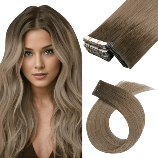 Moresoo dark brown to light brown ombre tape-ins, seamless natural brown blend, high-quality ombre hair extensions, smooth light brown transitions, invisible tape-ins, premium brown ombre hair, long-lasting adhesive extensions, salon-quality dark brown light brown mix, natural-looking hair, luxurious brown ombre highlights