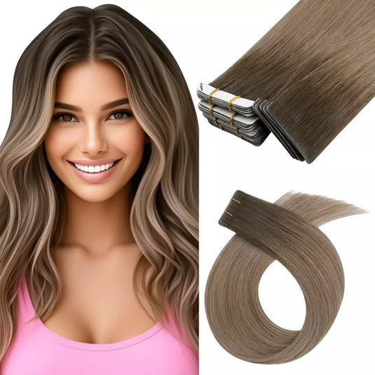 Moresoo dark brown to light brown ombre tape-ins, seamless natural brown blend, high-quality ombre hair extensions, smooth light brown transitions, invisible tape-ins, premium brown ombre hair, long-lasting adhesive extensions, salon-quality dark brown light brown mix, natural-looking hair, luxurious brown ombre highlights