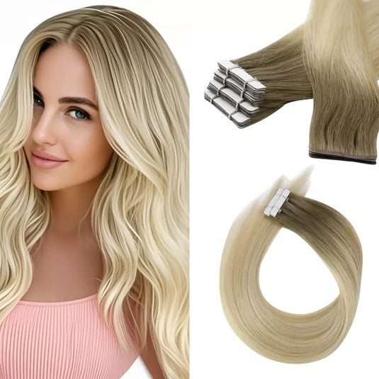 Moresoo light brown to blonde ombre tape ins, easy installation hair extensions, secure adhesive ombre extensions, high-quality ombre highlights, seamless ombre extensions, natural light brown blonde ombre, premium ombre hair, long-lasting adhesive extensions, salon-quality ombre hair, smooth ombre balayage