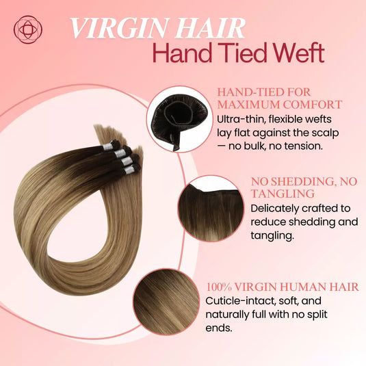 hand tied weft hair extensions made with 100% virgin human hair