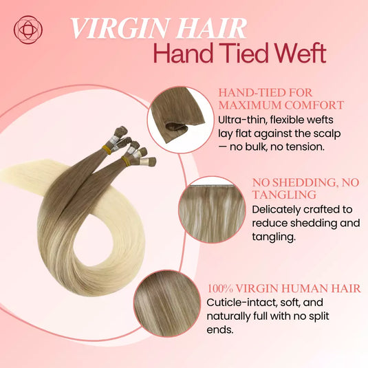 Hand Tied Weft Hair Extensions – 100% Virgin Human Hair for Natural Movement Seamless Hand Tied Weft