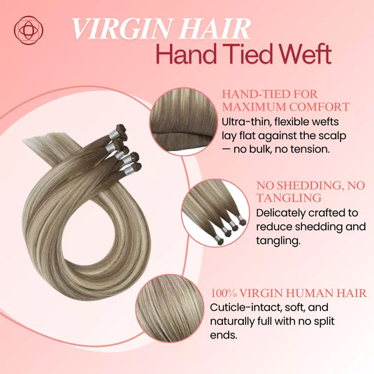 sew in hand tied hair weft, virgin hair, natural shine real human hair hand tied weft extensions in warm blonde hand tied weft extensions in balayage blonde