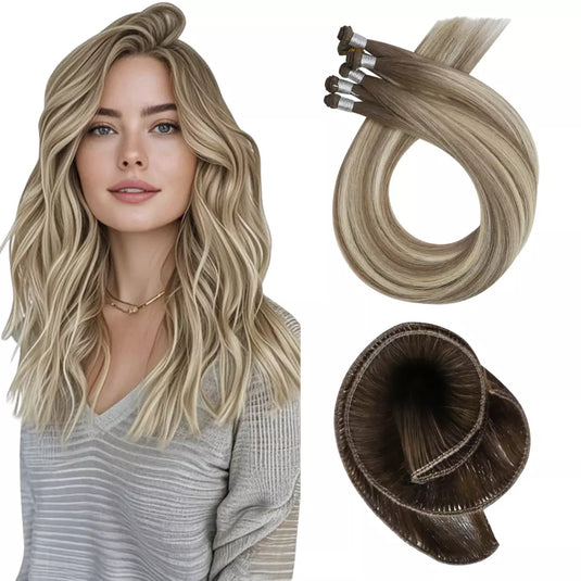 hand_tied_hair_extensions_balayage_blonde real human hair hand tied weft extensions in warm blonde