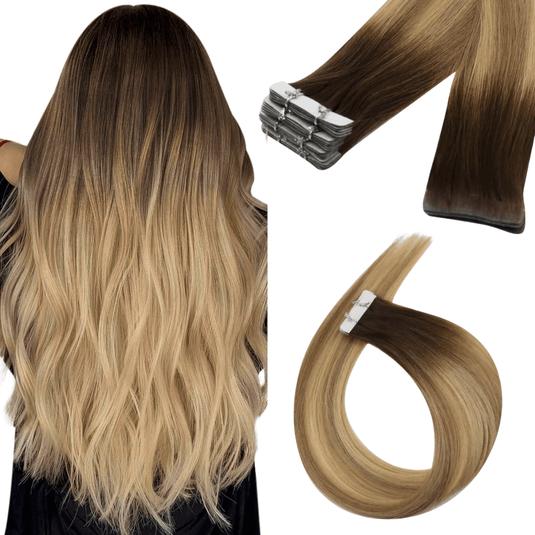Moresoo deep brown to blonde balayage tape ins, premium balayage highlights, natural brown blonde balayage hair, 16-inch balayage hair extensions, seamless deep brown blonde balayage, high-quality balayage extensions, luxurious blonde balayage highlights, invisible balayage tape ins, salon-quality brown blonde balayage extensions, smooth deep brown blonde balayage