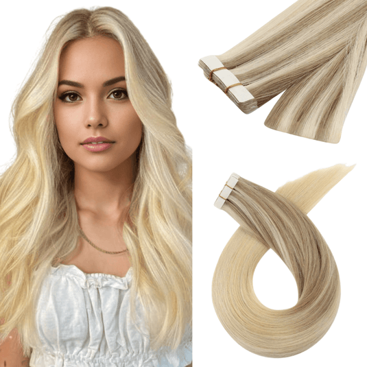 ombre blonde virgin hair tape in extensions, 14-inch ombre blonde tape in extensions, invisible ombre blonde tape in hair, high-quality ombre blonde extensions, light pink ombre blonde tape in, 16-inch ombre blonde tape in extensions, smooth ombre blonde hair, tape in extensions with ombre blonde color