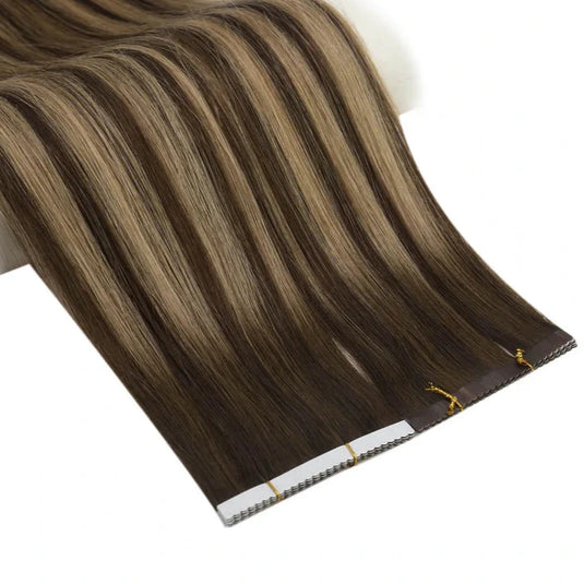 high-quality brown tape in extensions, invisible platinum blonde hair extensions, salon-grade platinum blonde tape in, 16-inch brown tape in hair, brown blonde hair tape in, 18-inch platinum blonde extensions, durable platinum blonde tape in, platinum blonde tape in for salon professionals