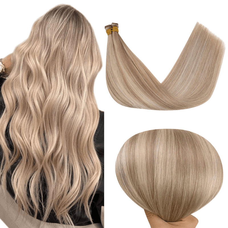 Load image into Gallery viewer, blonde hair extensions-weft hair extensions-weft extensions-hair weft-genius hair extensions-weft extensions human hair bundles- 20 inch hair extensions-16 inch hair extensions-thin hair extensions before and after