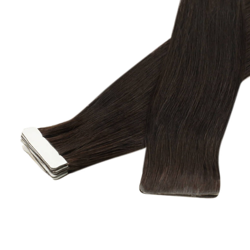Load image into Gallery viewer, natural deep brown virgin hair, tape in extensions for deep brown hair, invisible tape in brown extensions, seamless deep brown tape in extensions, brown virgin hair tape in extensions, smooth brown hair extensions, high-quality deep brown tape in, tape in extensions for dark brown hair