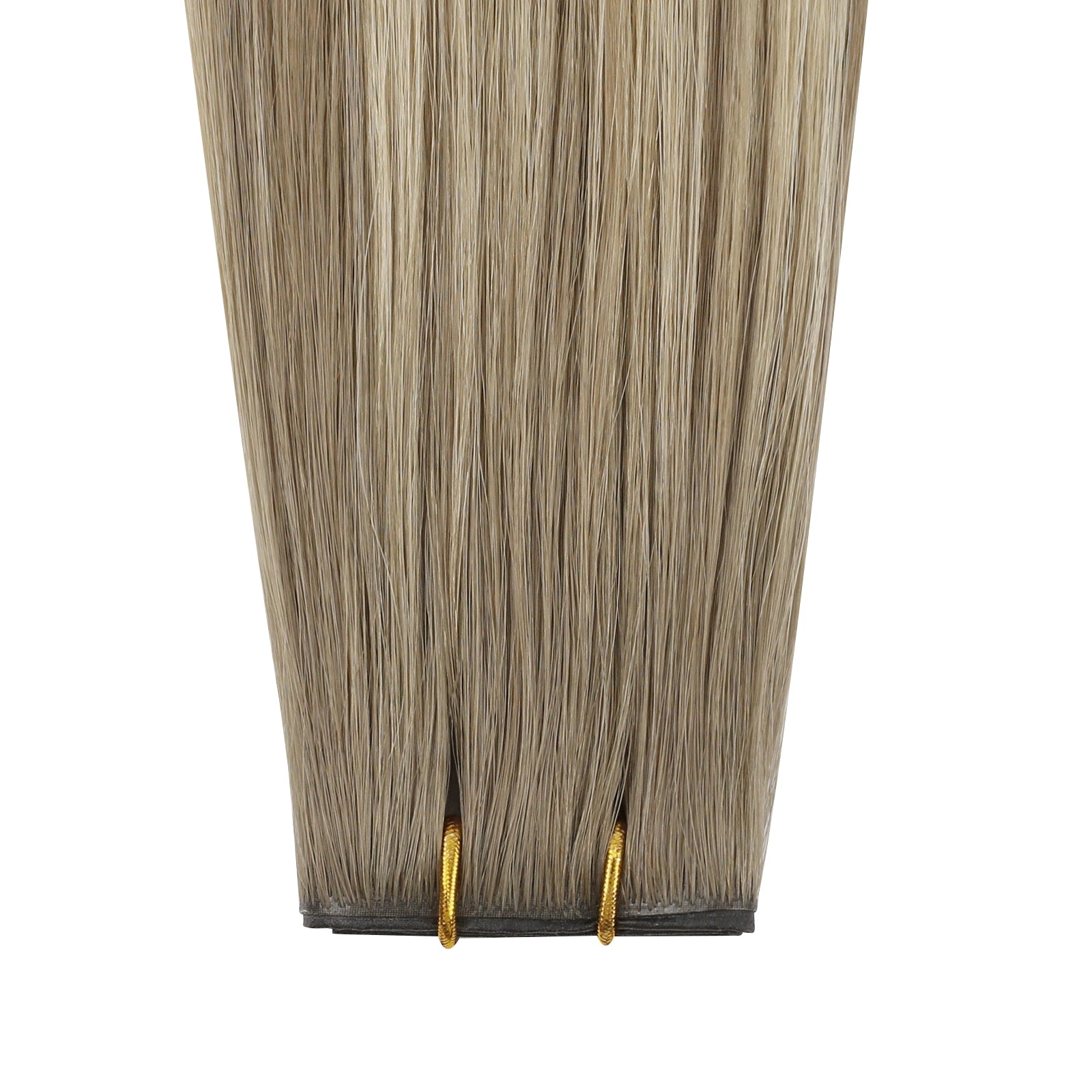 Invisible butterfly weft hair extensions with brown and blonde highlights on a white background