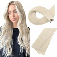 Woman with long light blonde hair next to a set of blonde hair extensions