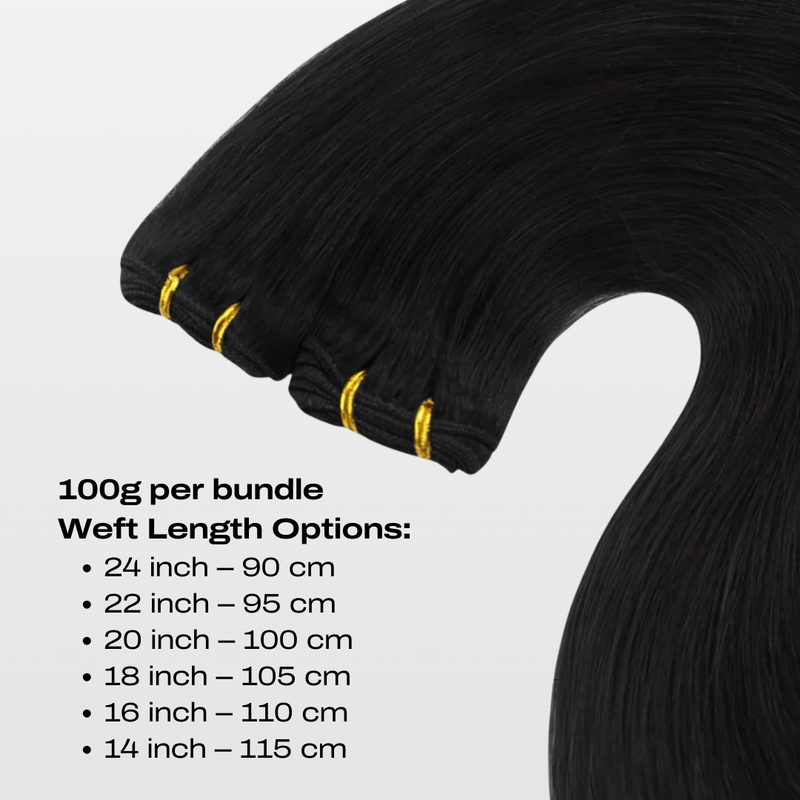 Load image into Gallery viewer, Black remy hair extensions on a white background, showing length options.
