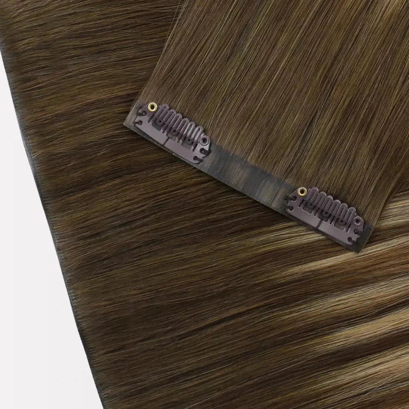 Load image into Gallery viewer, Brown hair extensions with a comb on a white background
