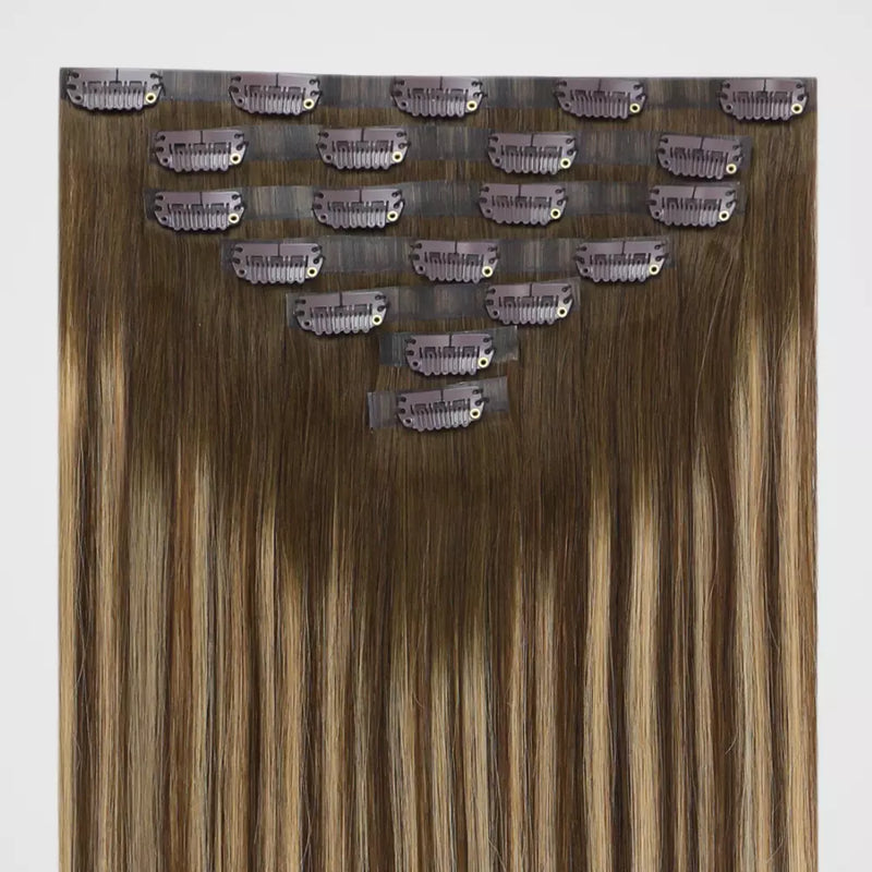 Load image into Gallery viewer, Set of balayage brown hair extensions on a white background
