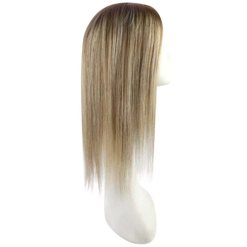 Load image into Gallery viewer, A straight, shoulder-length topper with a balayage brown color, displayed on a white mannequin head against a plain white background.
