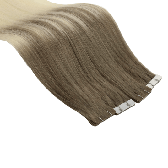Moresoo 16-inch balayage blonde ombre tape-in, invisible balayage blonde tape-in extensions, high-quality balayage blonde blend hair extensions by Moresoo, 14-inch Moresoo tape-in with blonde tones, smooth balayage blonde ombre extensions from Moresoo, premium Moresoo balayage blonde hair
