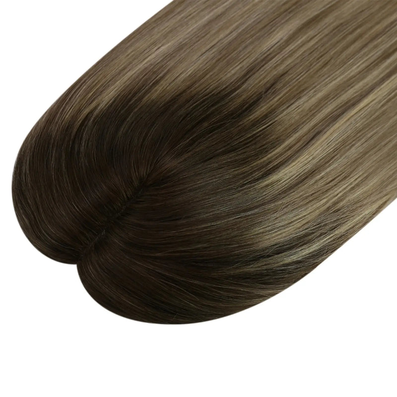 Load image into Gallery viewer, 16-inch straight balayage brown human hair topper for thinning crown, natural volume boost
